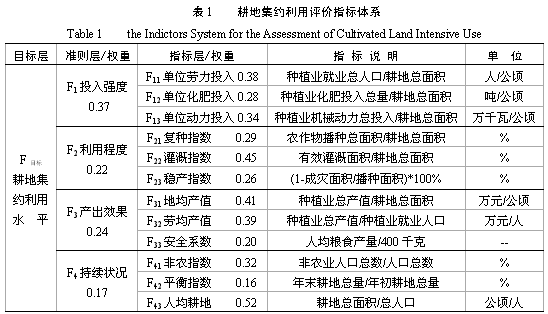 耕地集约利用评价指标体系
